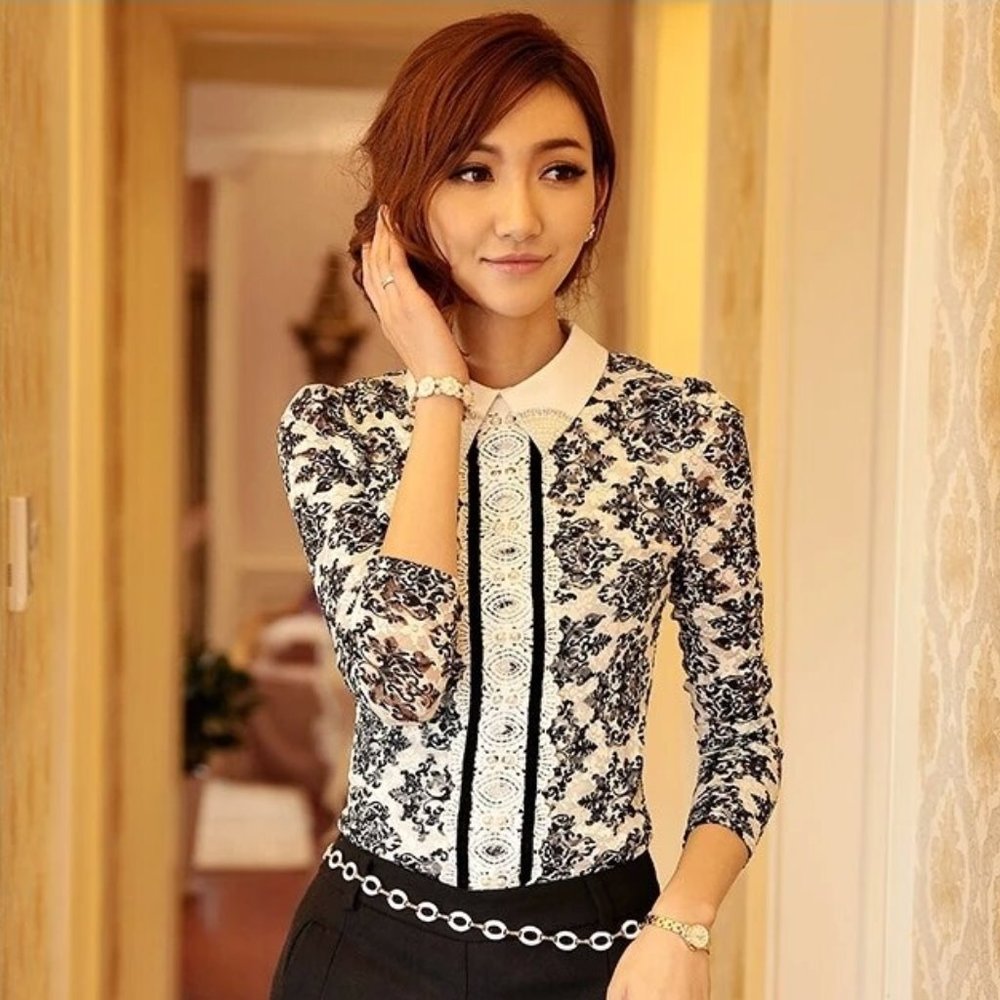Black and White Lace and Pearl Blouse